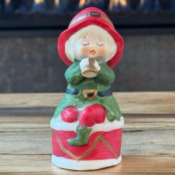 Jasco Other - Vintage 1978 Jasco Merri-Bells Bisque Elf Playing Horn on Drum Christmas Bell